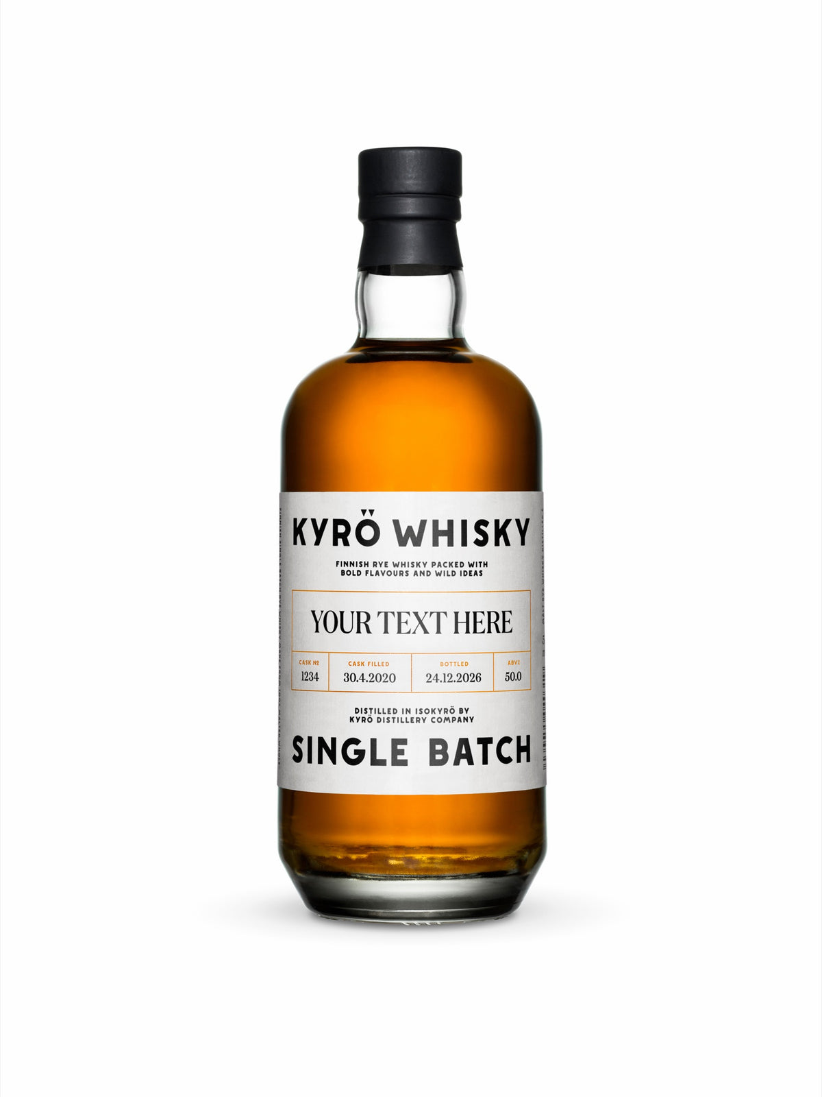 Kyrö Whisky Single Batch -pullo omalla etikettitekstillä